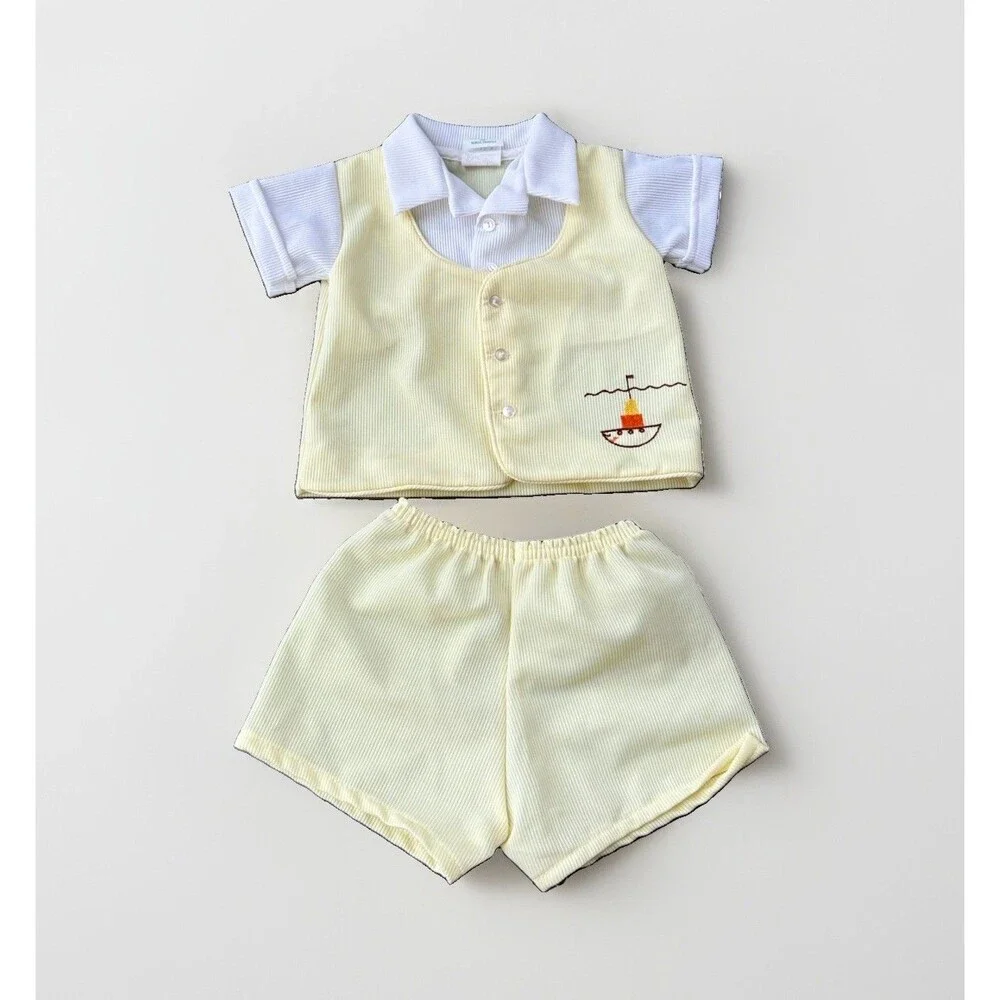 Vintage Dreamboat Creations Baby Boy 2 Pc Outfit Yellow Sailboat Set 18M 18 Mo